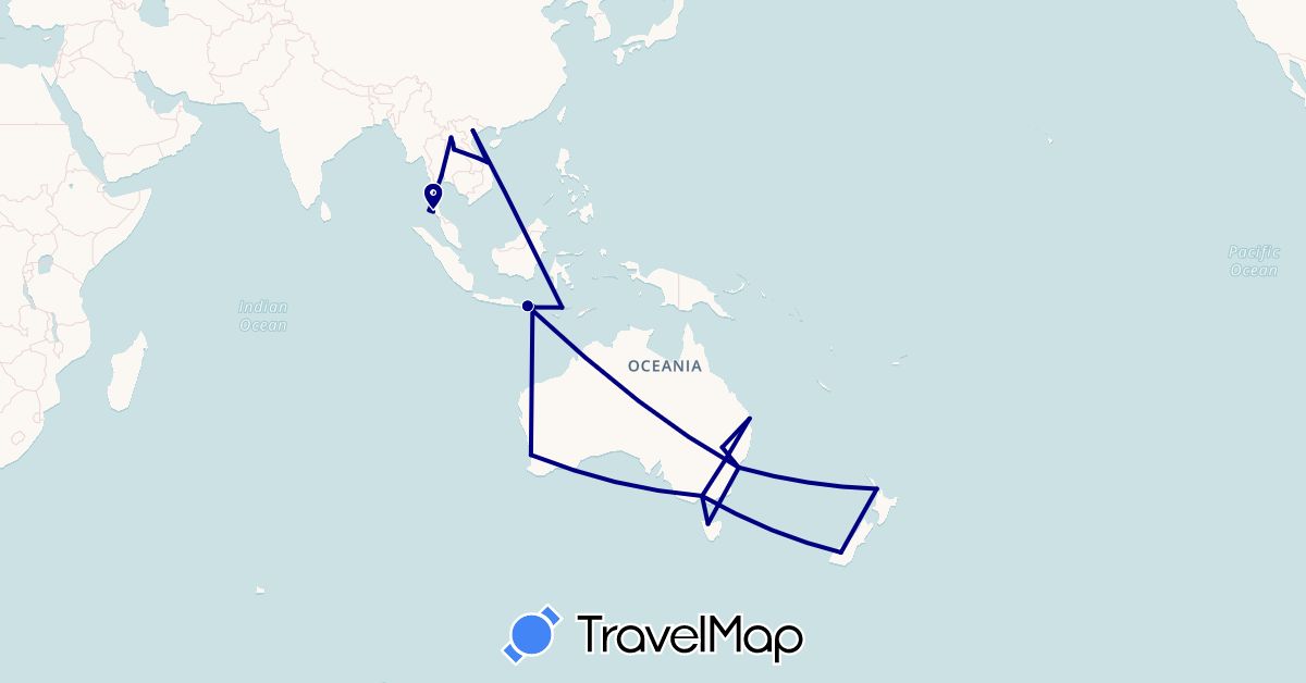 TravelMap itinerary: driving in Australia, Indonesia, Laos, New Zealand, Thailand, Vietnam (Asia, Oceania)